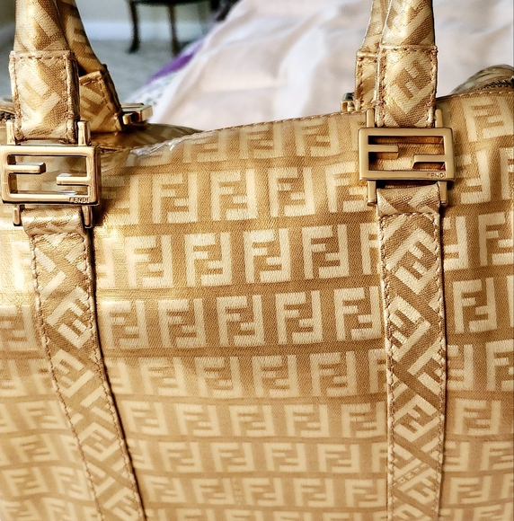FENDI Tan/Gold Monogram Icon Logo Satchel Hand Bag w Its Dust Bag - Picture 10 of 15